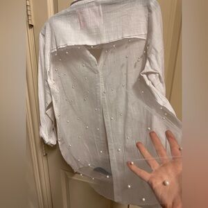 White linen boutique blouse see through back with pearl detail
